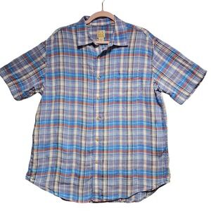 Jos. A. Bank 100%  Linen Plaid‎ Button Up Short Sleevel Shirt Mens Large beachy